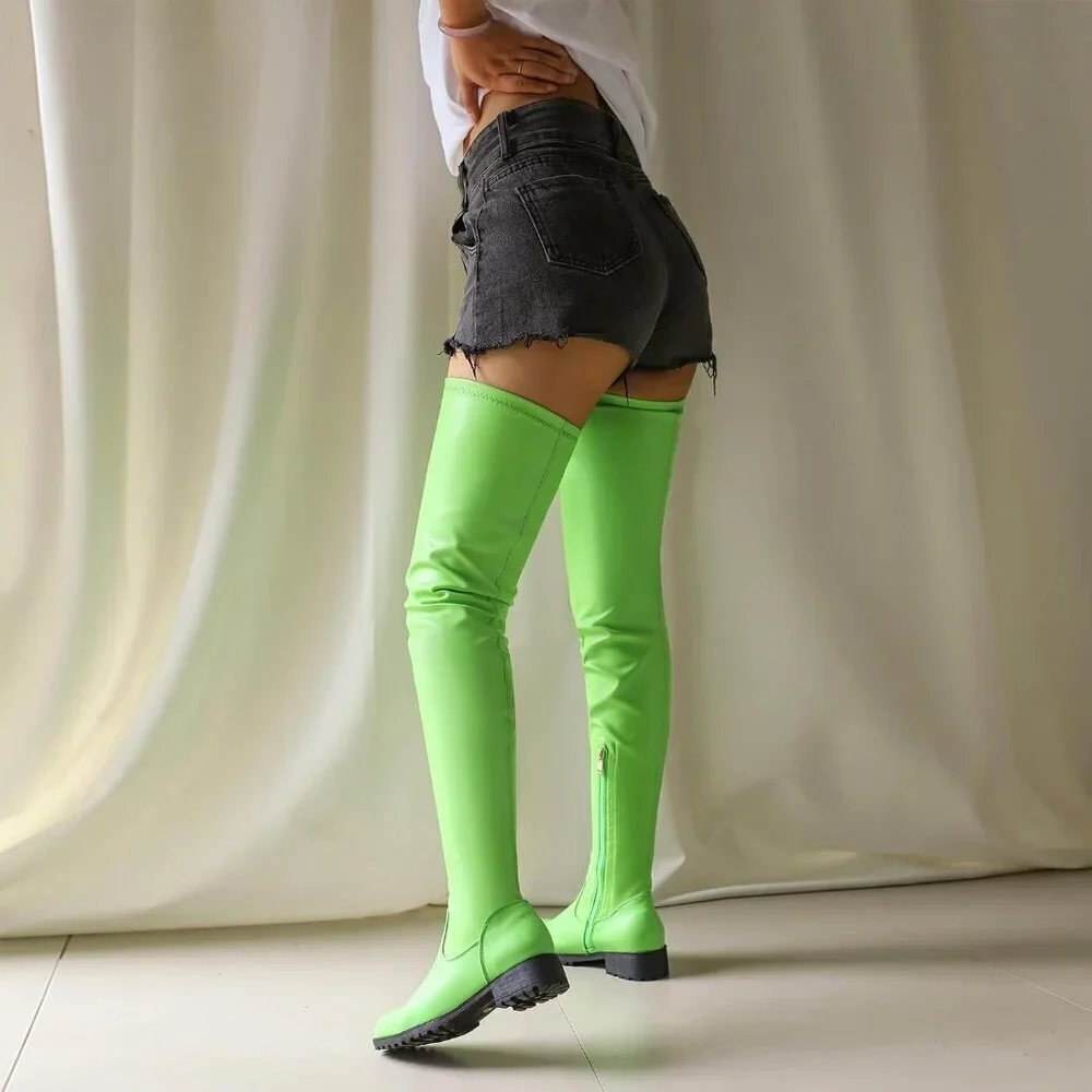 Women's Green Polyurethane Thigh High Over The Knee Rounded Toe Fashion Boots